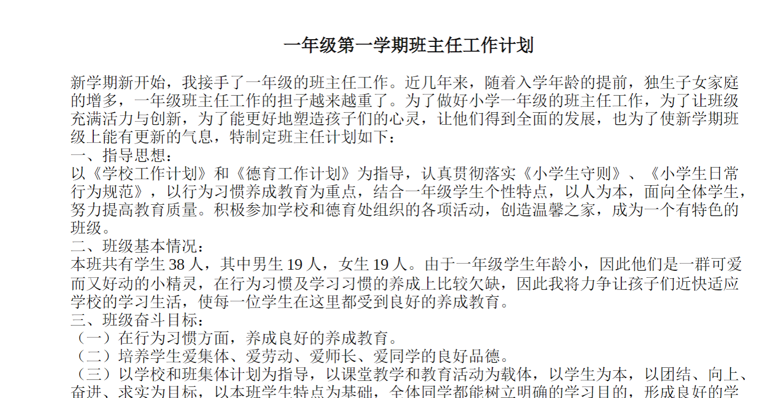 小学一年级第一学期班主任工作计划